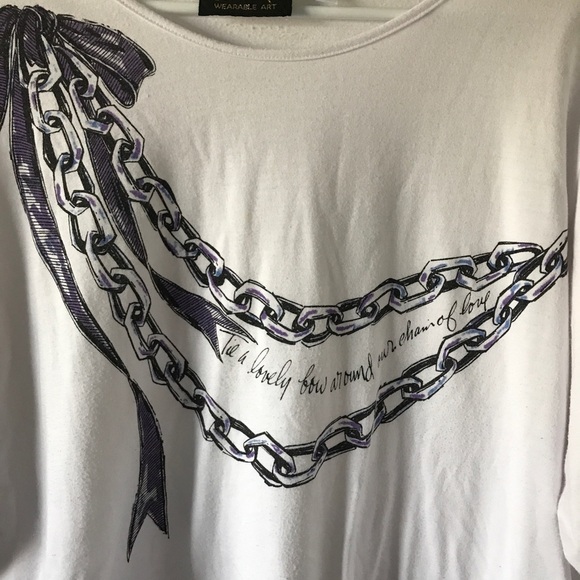 Bob Mackie white 3/4 sleeve ribbon and chain design top (T1) - Picture 4 of 5